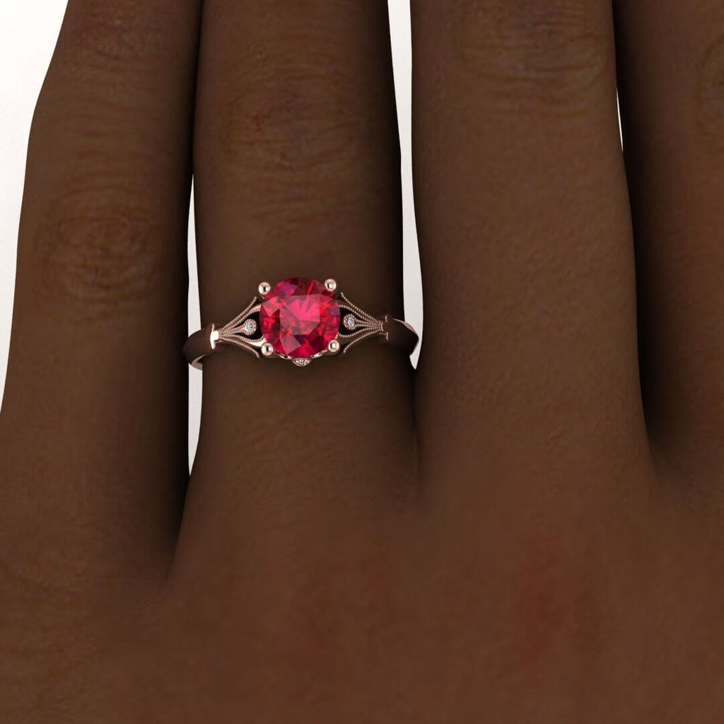 14k rose gold Galette ruby and diamond vintage inspired ring, hidden gemstone, tulip, tulip shoulders and gallery, milgrain, spade