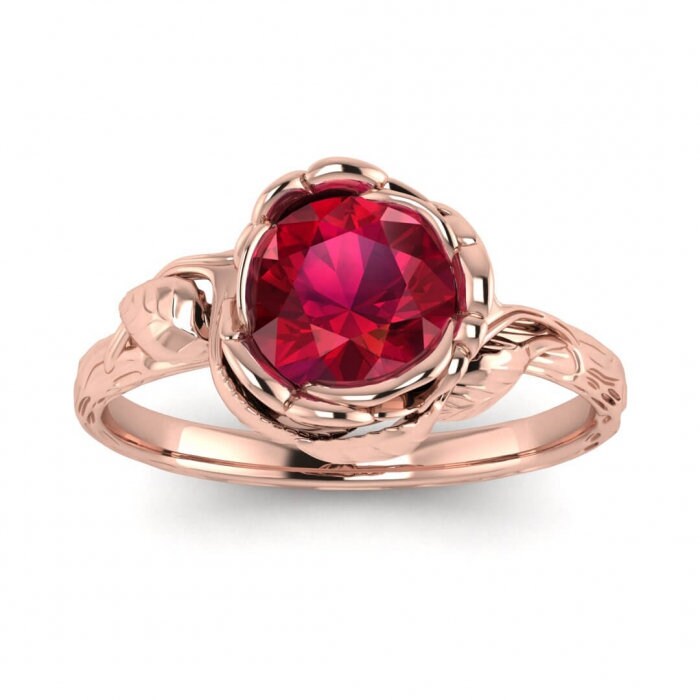 Ruby Flower Ring, Ruby Ring Rose Gold, Ruby Ring Band, Vintage Ruby Ring 14k Rose Gold Abelia Ruby Engagement Ring