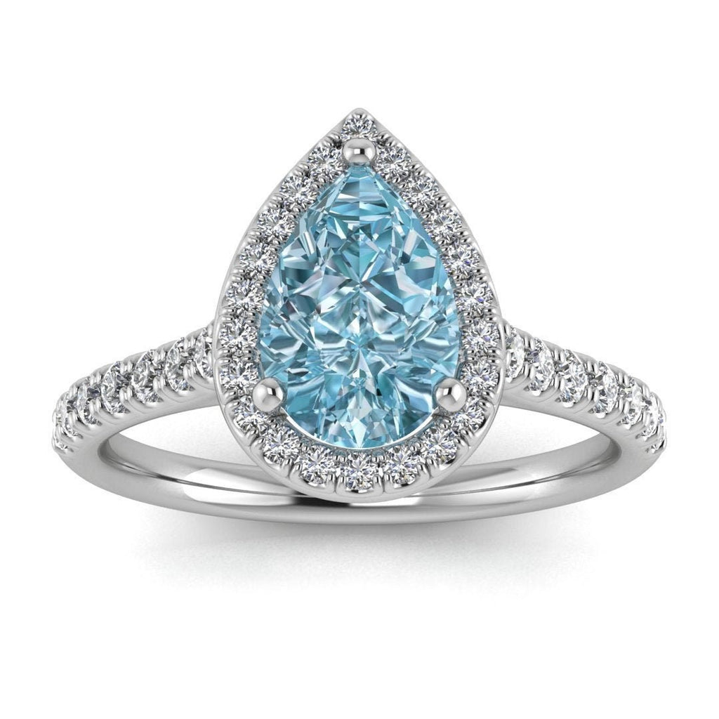 Gold Pear Aquamarine Engagement Ring in Halo Diamond Ring 14k, 18k Gold or Platinum Half Eternity Diamond Wedding Band 9x6mm Blue Gemstone