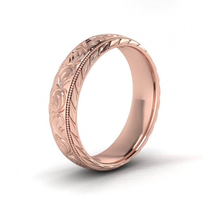 14k rose gold flower wedding ring 5mm, Floral, Engraved, Milgrained, Beveled, 14K Rose Gold, Wedding Band