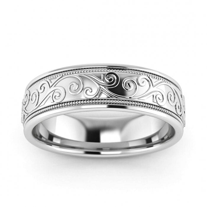 14k white gold unique floral ring 5.5mm, Leaves, Milgrain, Floral, Engraving, Paisley, 14K White Gold, Wedding Band