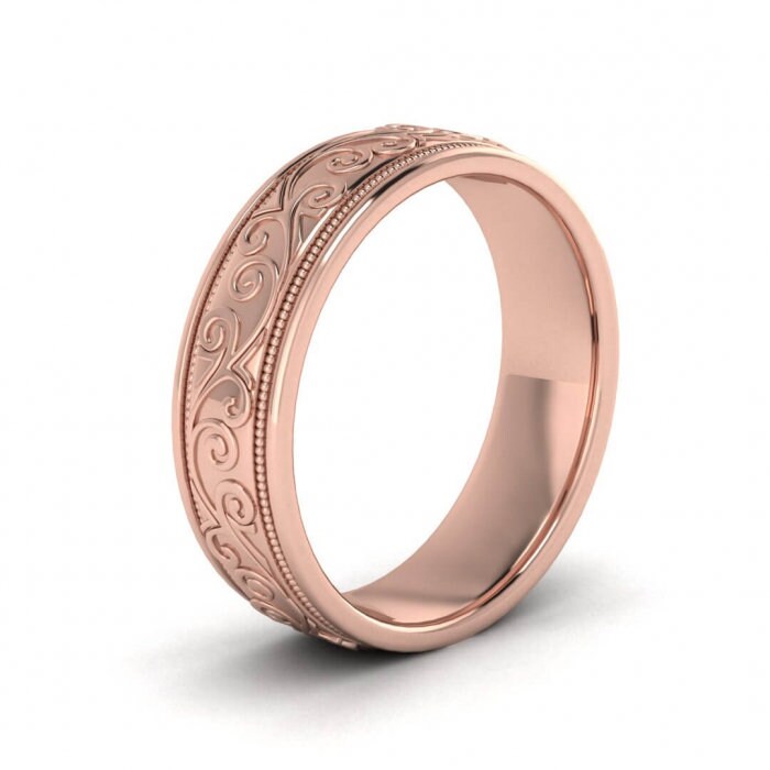 14k rose gold unique floral ring 5.5mm, Leaves, Milgrain, Floral, Engraving, Paisley, 14K Rose Gold, Wedding Band