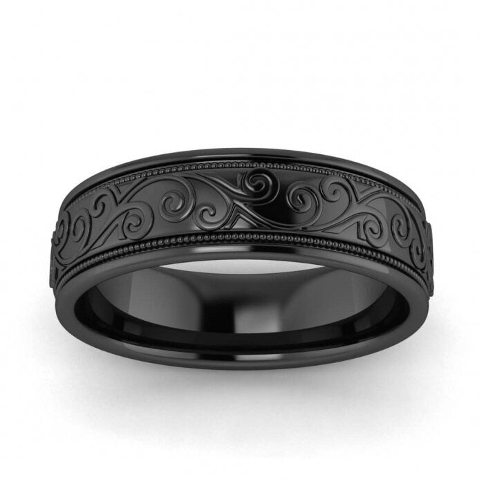 14k black gold unique floral ring 5.5mm, Leaves, Milgrain, Floral, Engraving, Paisley, 14K Black Gold, Wedding Band