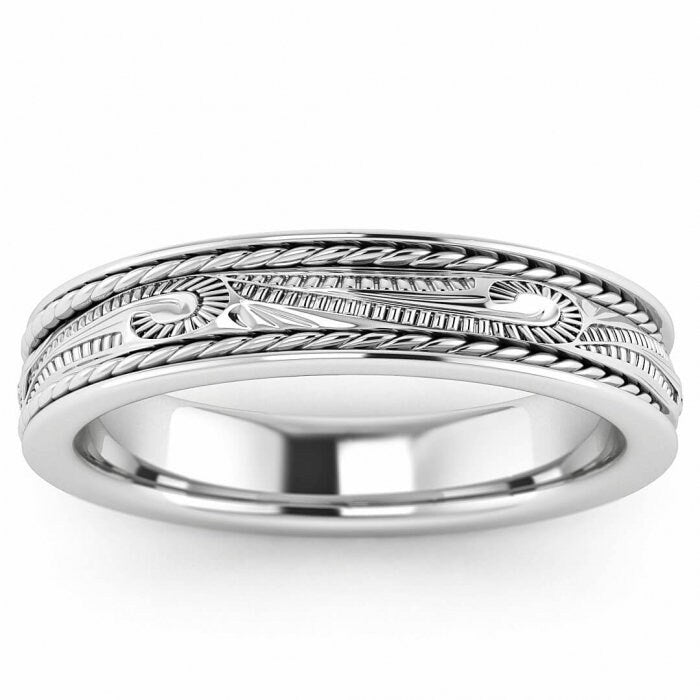 14k white gold scroll wedding ring 4.5mm, Engraved, Ropes design, Unique texture, Wedding, Hand engraved, 14K White Gold, Wedding Band