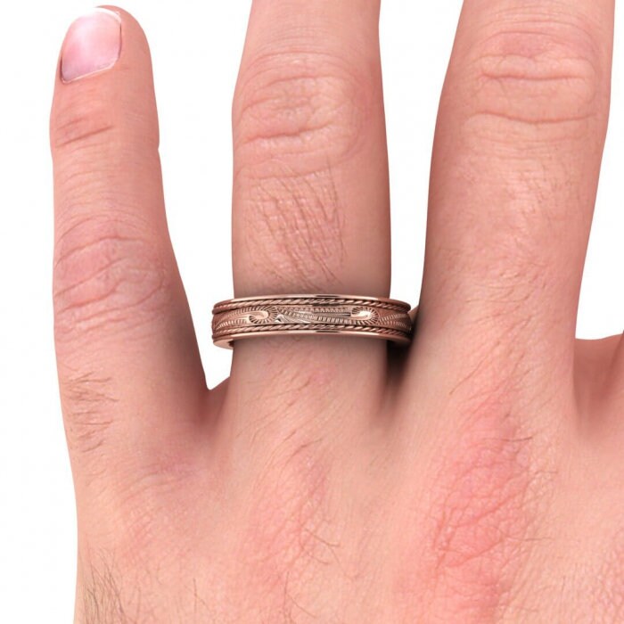 14k rose gold scroll wedding ring 4.5mm, Engraved, Ropes design, Unique texture, Wedding, Hand engraved, 14K Rose Gold, Wedding Band