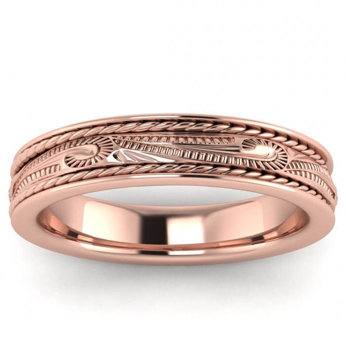 14k rose gold scroll wedding ring 4.5mm, Engraved, Ropes design, Unique texture, Wedding, Hand engraved, 14K Rose Gold, Wedding Band