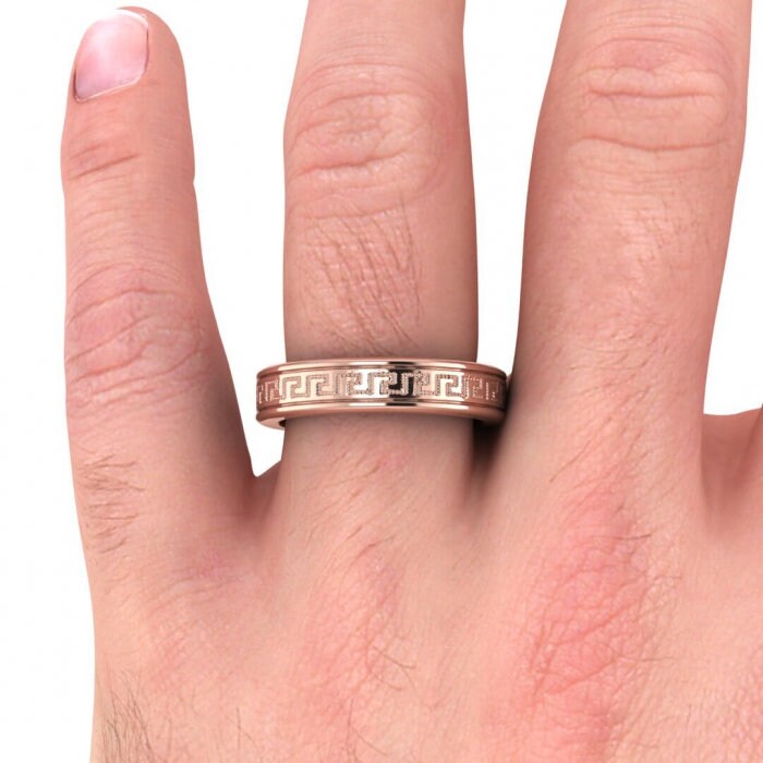 14k rose gold zeus greek wedding band 5mm, Greek key engraving, Rounded, Unique wedding ring, 14K Rose Gold, Wedding Band