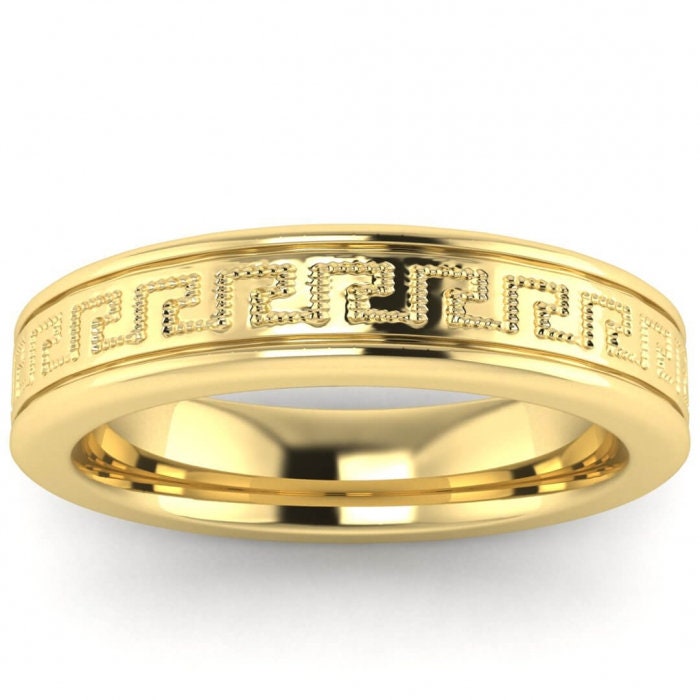 14k yellow gold zeus greek wedding band 5mm, Greek key engraving, Rounded, Unique wedding ring, 14K Yellow Gold, Wedding Band