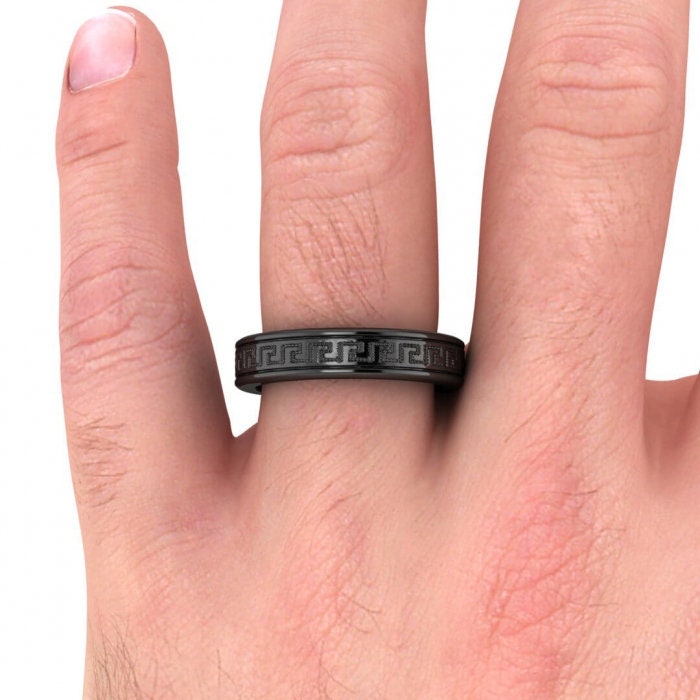 14k black gold zeus greek wedding band 5mm, Greek key engraving, Rounded, Unique wedding ring, 14K Black Gold, Wedding Band