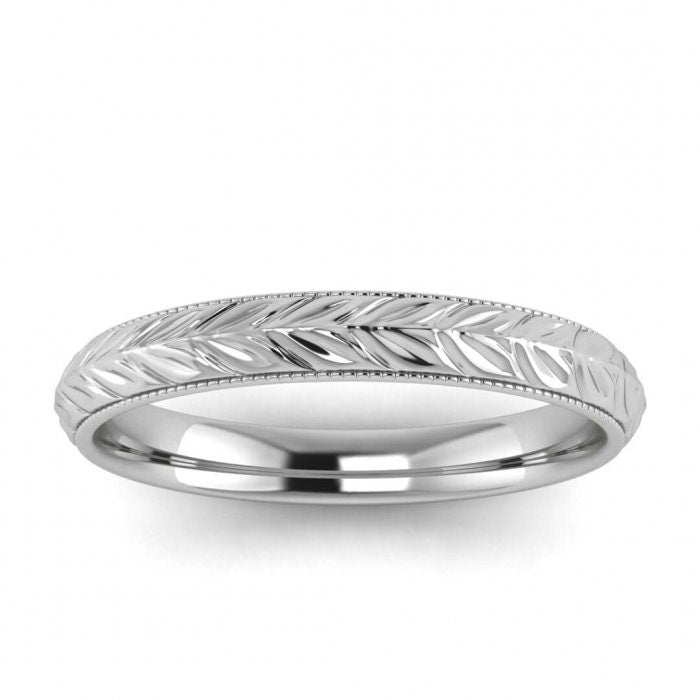 14k white gold giada hand engraved vintage ring, Leaf engraving, Knife edged, 14K White Gold, Wedding Band