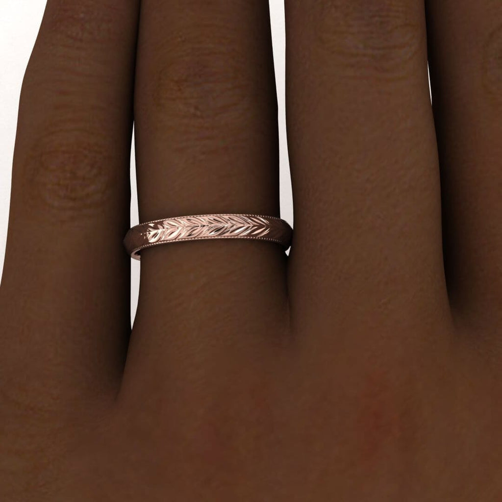 14k rose gold giada hand engraved vintage ring, Leaf engraving, Knife edged, 14K Rose Gold, Wedding Band