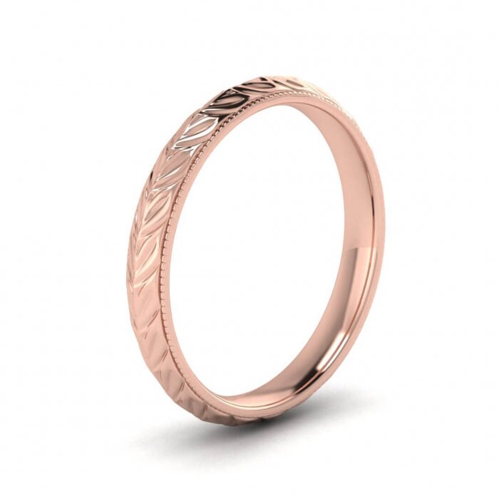 14k rose gold giada hand engraved vintage ring, Leaf engraving, Knife edged, 14K Rose Gold, Wedding Band