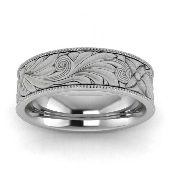 14k white gold brushed nature inspired ring, Floral, Engraved, Milgrained, Beveled, 14K White Gold, Wedding Band