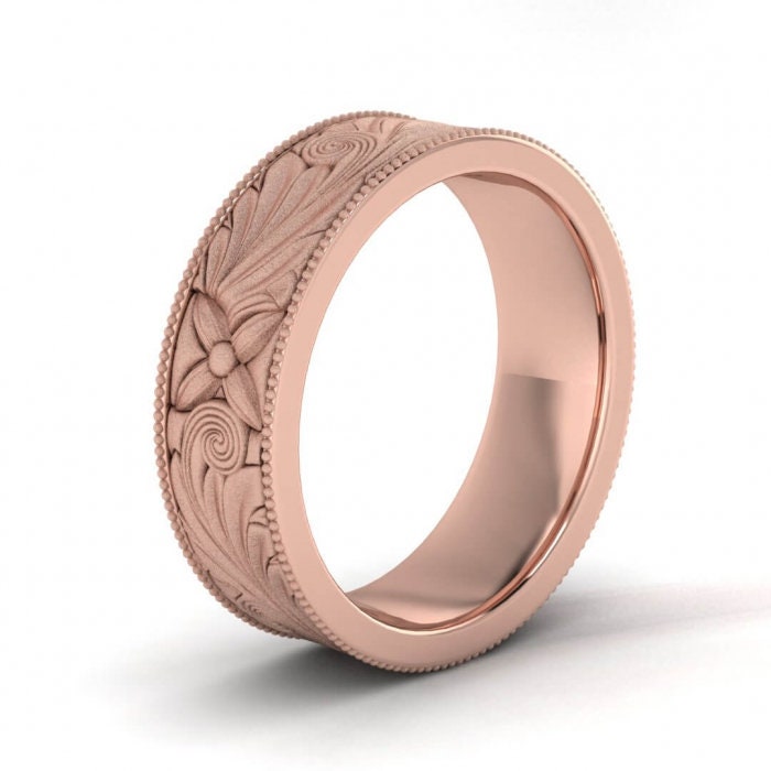 14k rose gold brushed nature inspired ring, Floral, Engraved, Milgrained, Beveled, 14K Rose Gold, Wedding Band