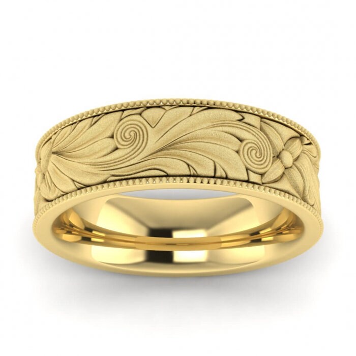 14k yellow gold brushed nature inspired ring, Floral, Engraved, Milgrained, Beveled, 14K Yellow Gold, Wedding Band