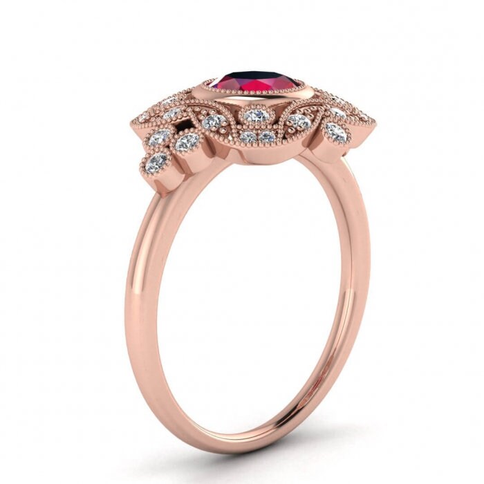 14k rose gold Adeline vintage ruby and diamond engagement ring (1/4 ct. tw.) filigree antique design, beaded milgrain, gemstone bezel accent