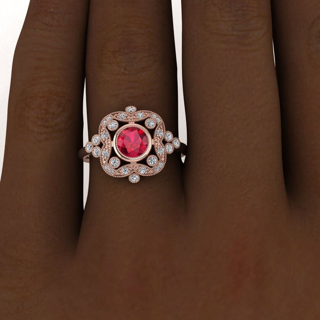 14k rose gold Adeline vintage ruby and diamond engagement ring (1/4 ct. tw.) filigree antique design, beaded milgrain, gemstone bezel accent