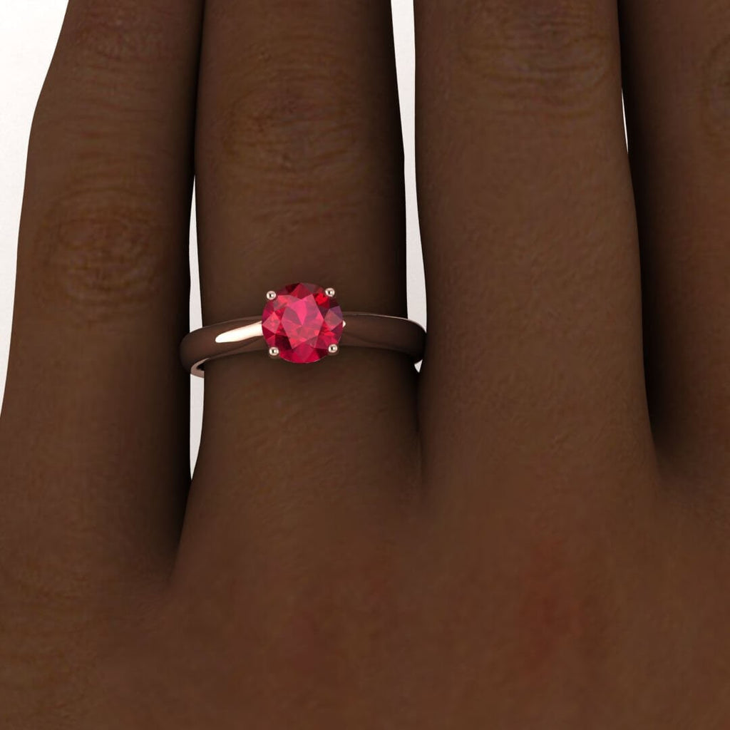 14k rose gold Aine tapered band ruby ring, tapered band, open basket gallery, Ruby Ring