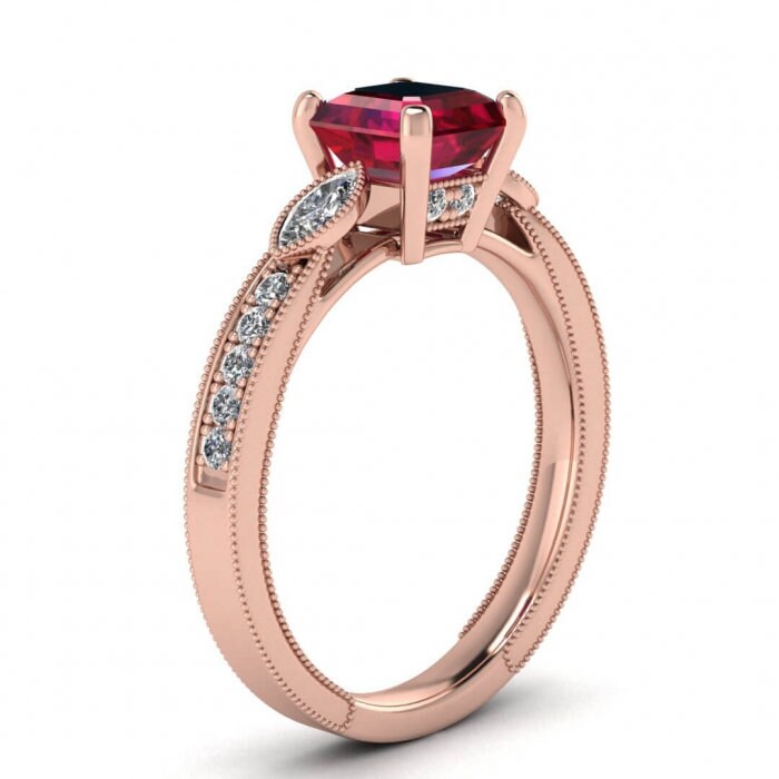 14k rose gold Allegria shiny milgrained asscher cut ruby and diamond ring (1/3 ct) marquise accent gemstones, pave along the sides