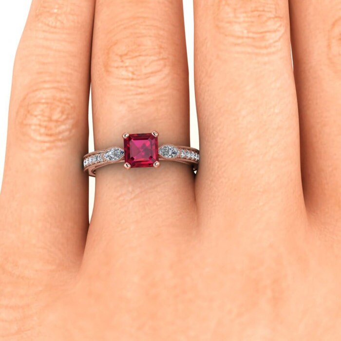 14k rose gold Allegria shiny milgrained asscher cut ruby and diamond ring (1/3 ct) marquise accent gemstones, pave along the sides