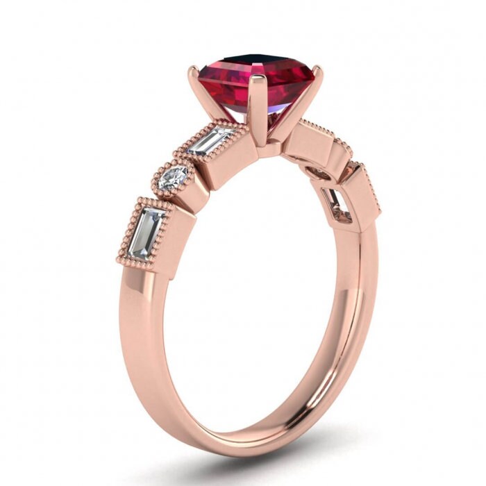 14k rose gold Amara asscher cut ruby and diamond baguette ring (3/5 ct. tw.) prong setting, round and baguette gemstones ,Ruby Ring