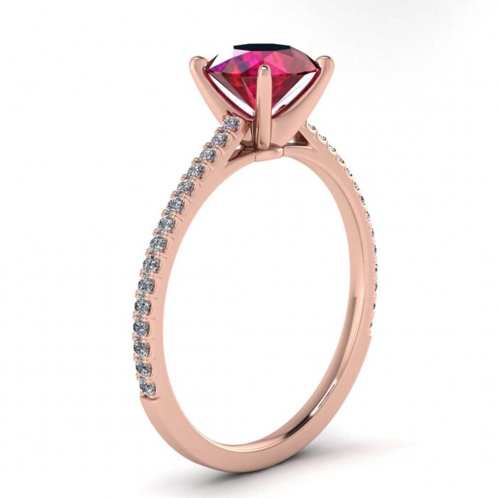 14k rose gold Anahi micro pave ruby and diamond engagement ring (1/6 ct. tw.) micro pave accents, prongs setting, Ruby Ring