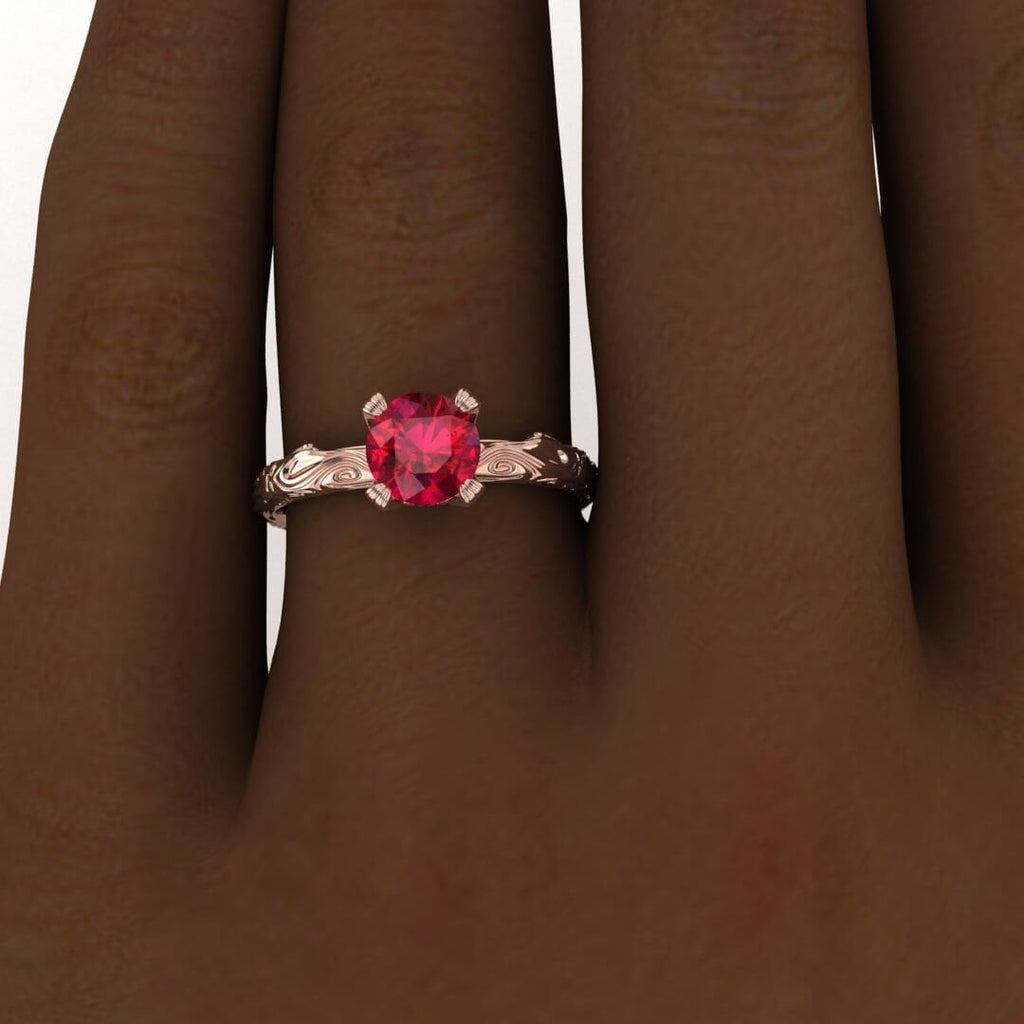 14k rose gold Ara ruby floral ring micro pave setting, petite engagement ring, prong setting, cathedral gallery