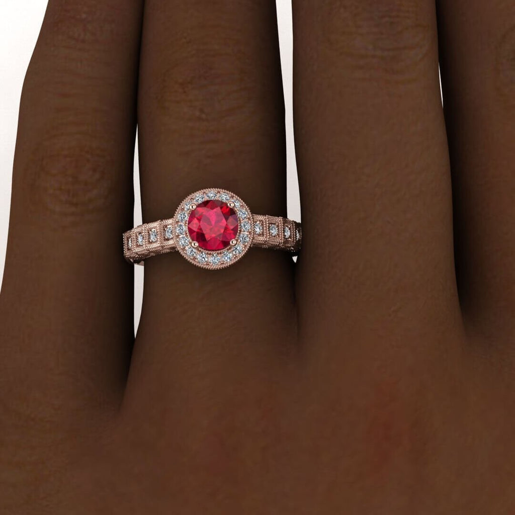 14k rose gold art Deco halo ruby and diamond ring (1/5 ct) filigree shank, pave set diamond, milgrain edges, halo center gemstone