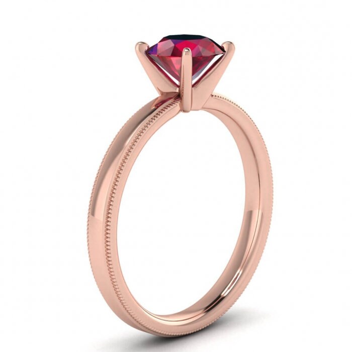 14k rose gold Aubrey ruby milgrained engagement ring stepped band, milgrained, high profile prongs