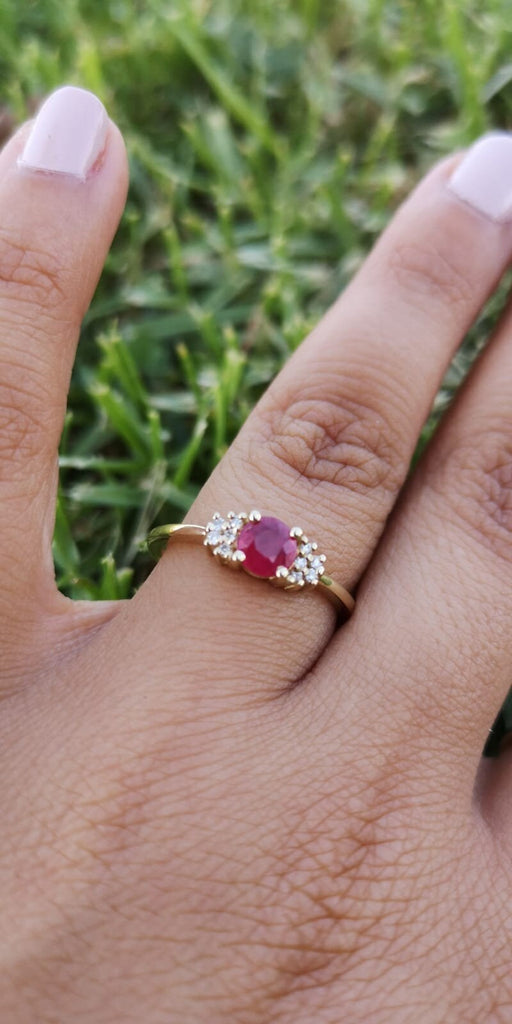 14k Yellow gold vintage ruby and diamonds engagement ring (1/10 ct. tw.) round cut prongs set