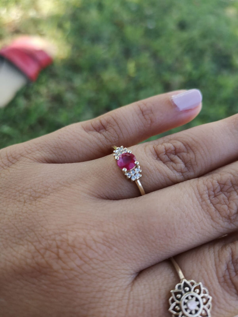 14k Yellow gold vintage ruby and diamonds engagement ring (1/10 ct. tw.) round cut prongs set