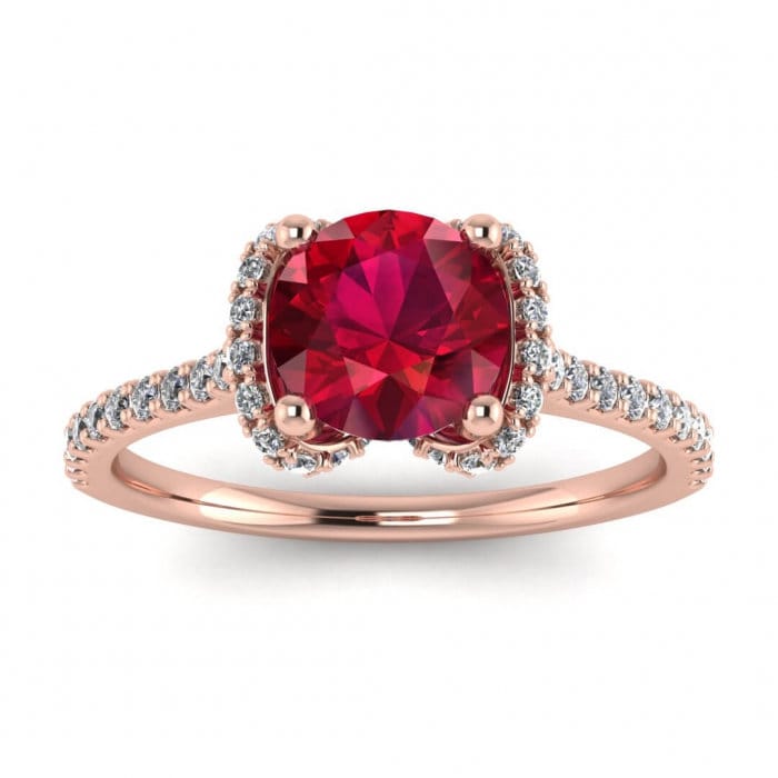 14k rose gold Bowtie pave ruby and diamond ring (1/3 ct. tw.) scalloped pave,scalloped shank,scalloped gallery, high profile crown setting