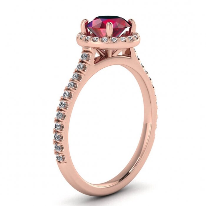 14k rose gold Caitlin paved halo ruby and diamond ring (1/5 ct. tw.), paved accent, paved halo, thin band, open gallery