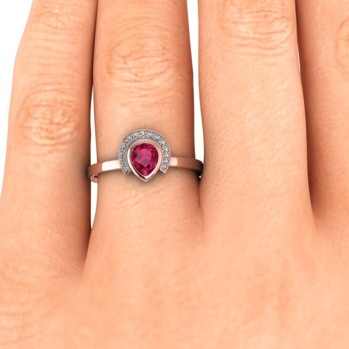 14k rose gold Cato halo pear ruby and diamond ring, pear shaped bezel, halo, pave accents