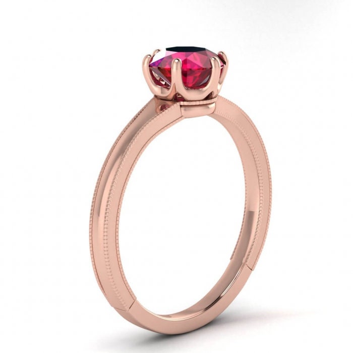 14k rose gold Corinne milgrained ruby engagement ring, milgrained band, squared solitaire ring, prongs setting