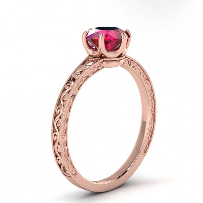 14k rose gold Corinne scrollwork engraving ruby ring, wave engraving, antique design, squared milgrained edges, basket setting