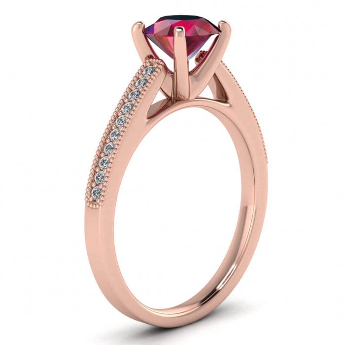 14k rose gold Effie cathedral pave ruby and diamond ring (1/10 ct. tw.), cathedral design, milgrain, pave accent gemstones, prongs setting