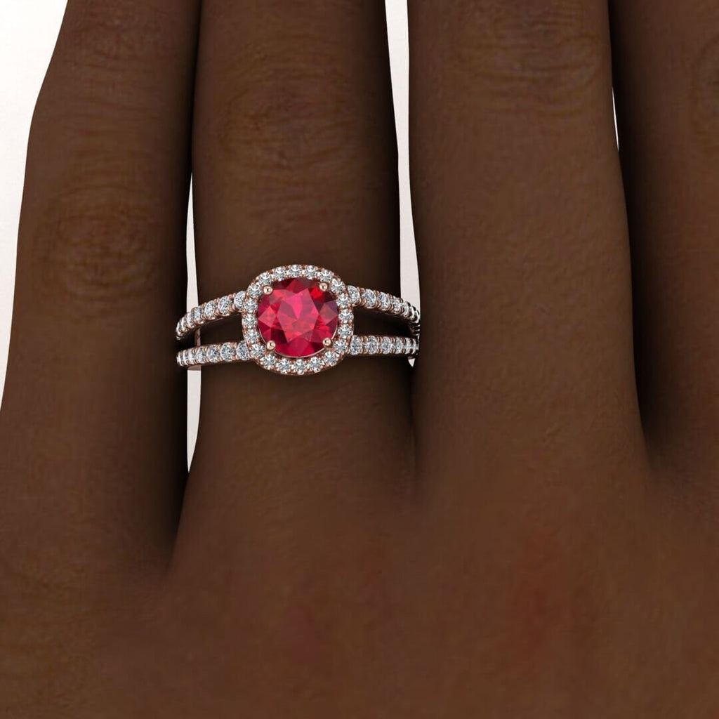 14k rose gold Elara unique double band ruby and diamond halo (3/7 ct. tw.), arched gallery, french pave halo, split shank pave