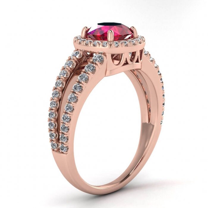 14k rose gold Elara unique double band ruby and diamond halo (3/7 ct. tw.), arched gallery, french pave halo, split shank pave