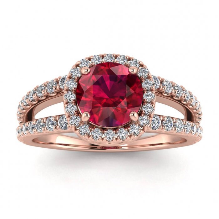 14k rose gold Elara unique double band ruby and diamond halo (3/7 ct. tw.), arched gallery, french pave halo, split shank pave