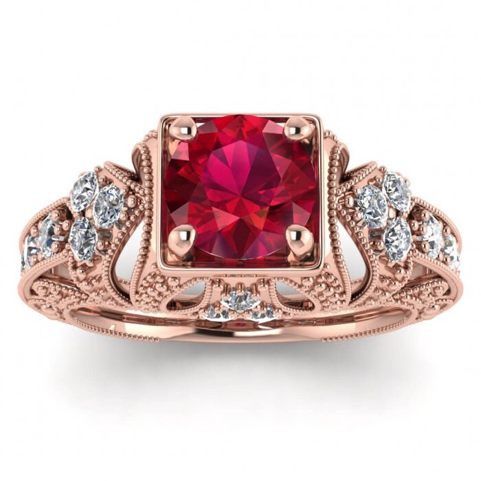 14k rose gold Elsie engraved ruby and diamond ring (1/2 ct. tw.), filigree milgrained,hand engraving, delicate, gemstone accent,open gallery