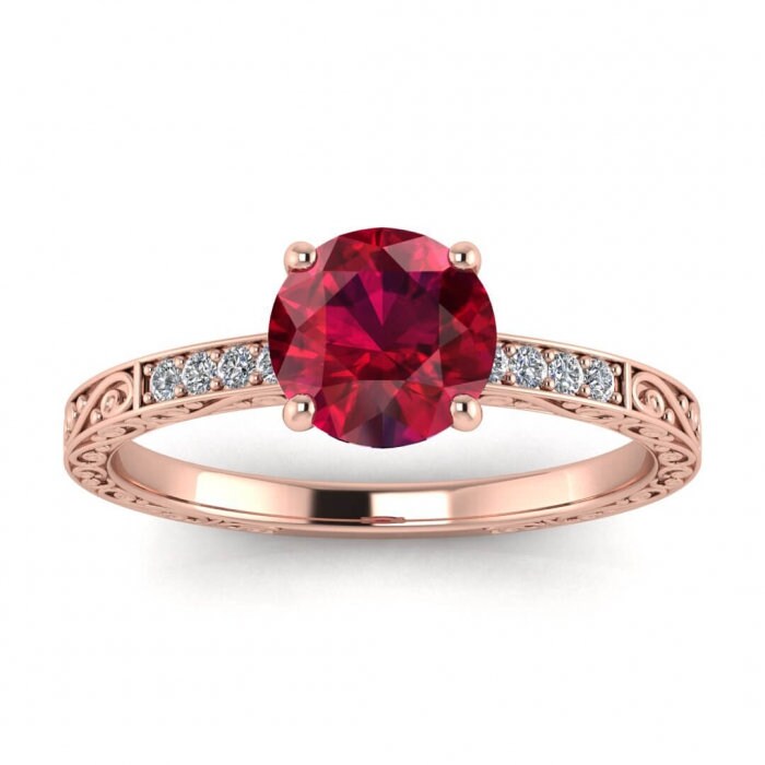 14k rose gold Elspeth micropave engraved ruby and diamond engagement ring, basket prongs setting, shared prongs pave, hand engraved