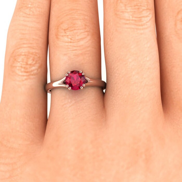 14k rose gold Emery split shank ruby ring, split shank, double prongs, intertwined band