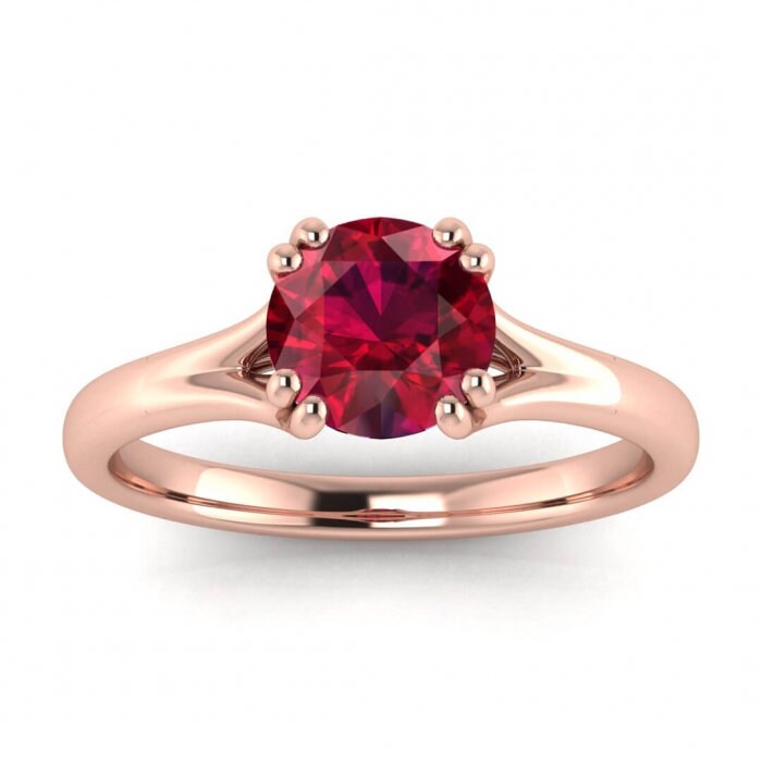 14k rose gold Emery split shank ruby ring, split shank, double prongs, intertwined band