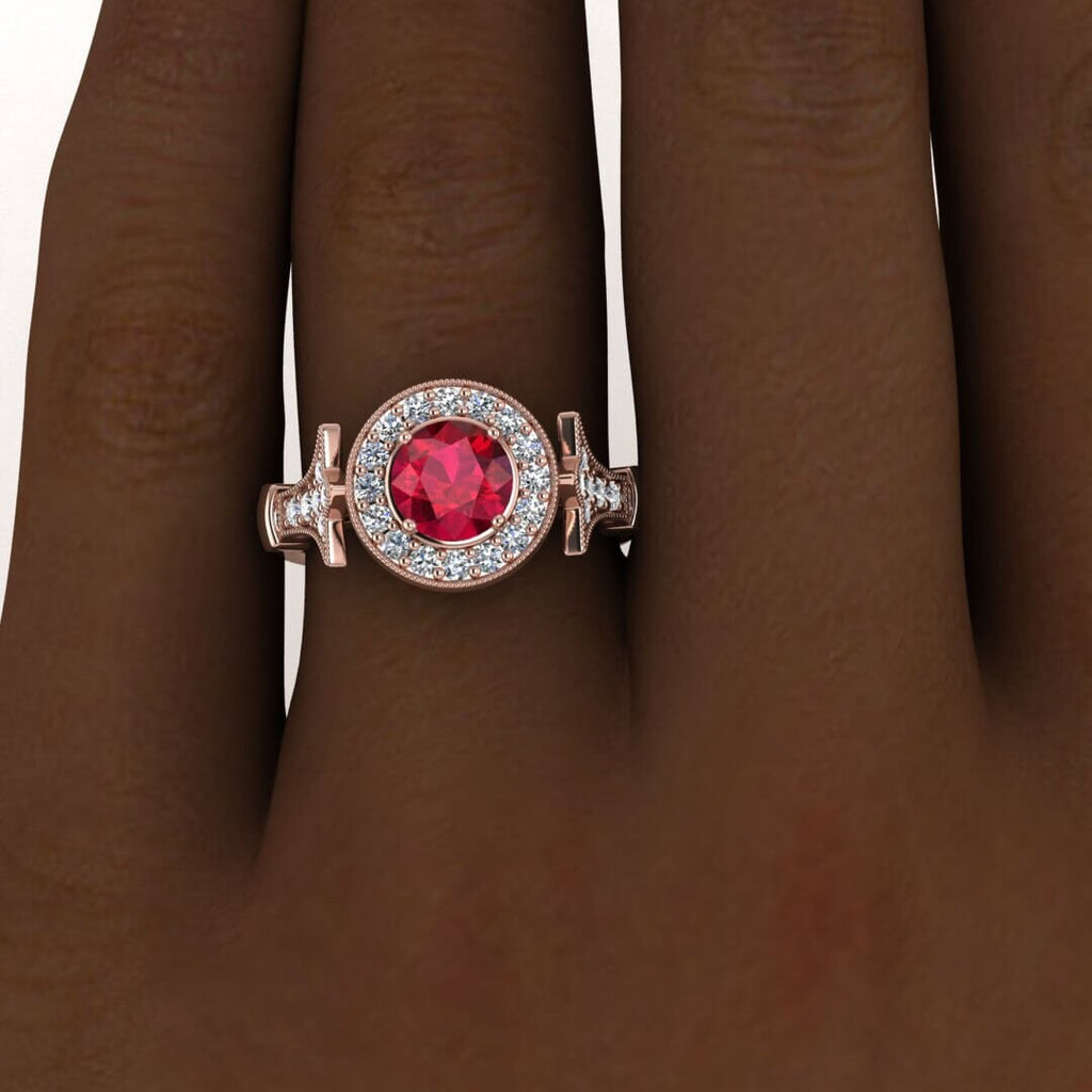 14k rose gold Fallon halo ruby and diamond statement ring (2/5 ct. tw.), statement ring, milgrain, shared prongs , bezel center, floral