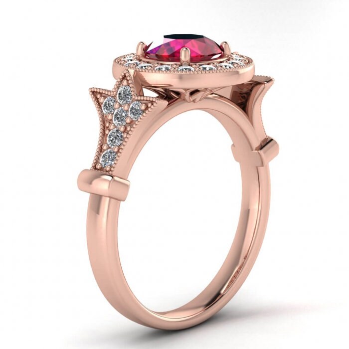 14k rose gold Fallon halo ruby and diamond statement ring (2/5 ct. tw.), statement ring, milgrain, shared prongs , bezel center, floral