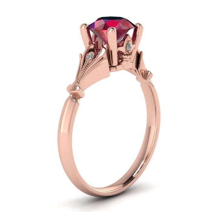 14k rose gold Galette ruby and diamond vintage inspired ring, hidden gemstone, tulip, tulip shoulders and gallery, milgrain, spade