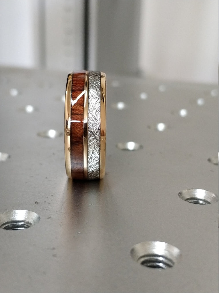 Rose Gold Wood Meteorite Tungsten Ring Male Wedding Band Polished 2-Inlay Domed Design 8MM Size 5 to 14 Mens Anniversary Fathers Day Gift