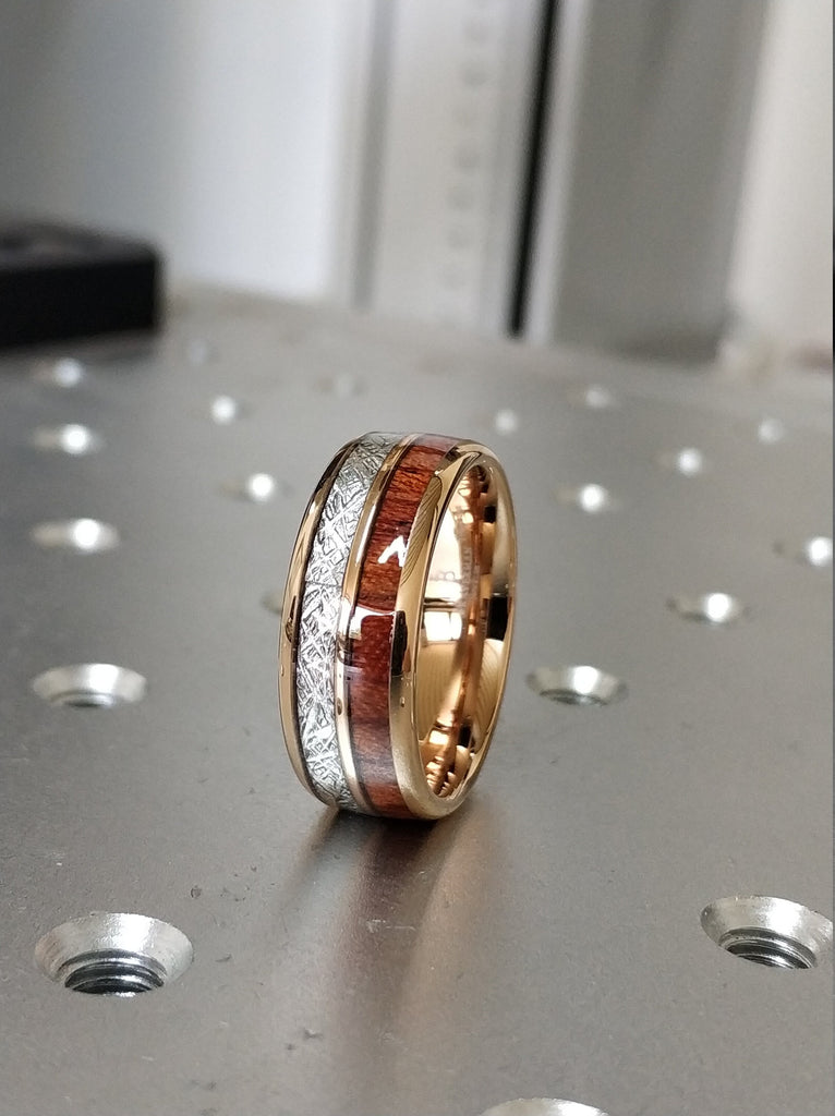 Rose Gold Wood Meteorite Tungsten Ring Male Wedding Band Polished 2-Inlay Domed Design 8MM Size 5 to 14 Mens Anniversary Fathers Day Gift