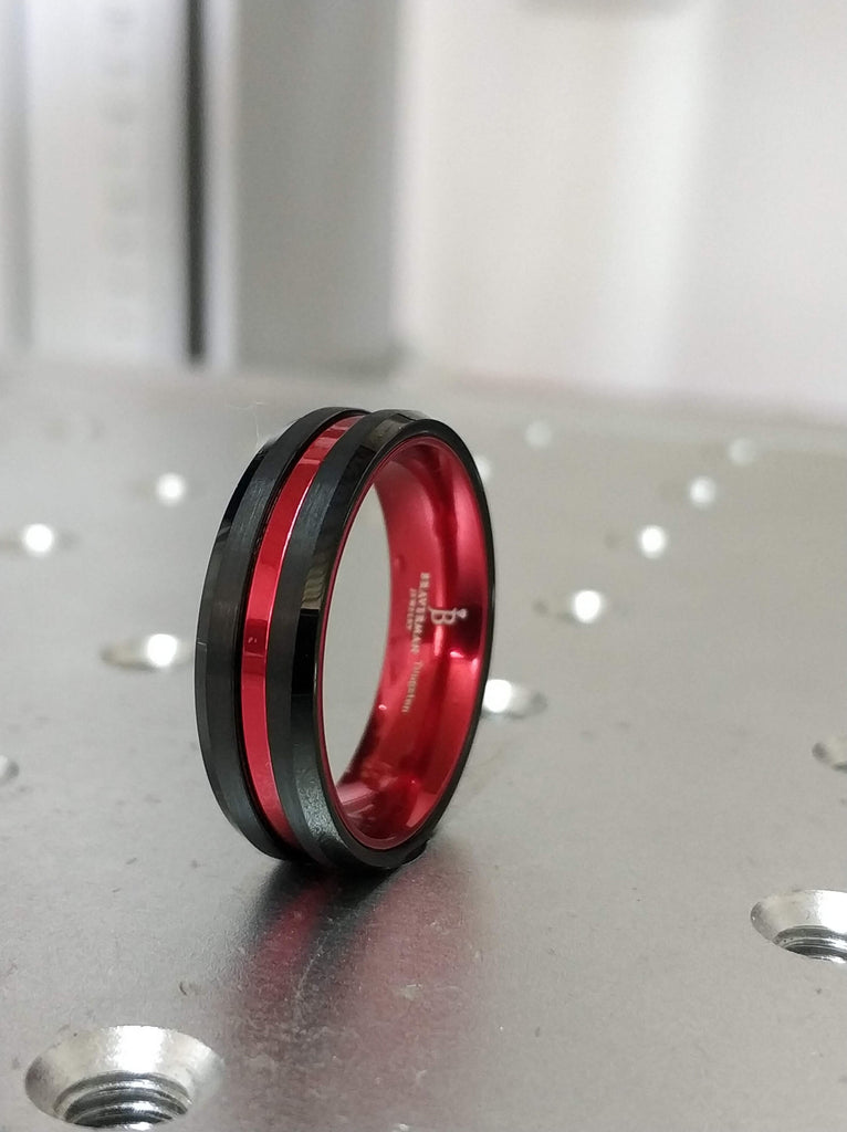 Black Tungsten Men's Thin Red Line Band Ring Red Tungsten Ring Custom FREE Engraved Personlize 6mm/8mm , Black Red Tungsten Ring